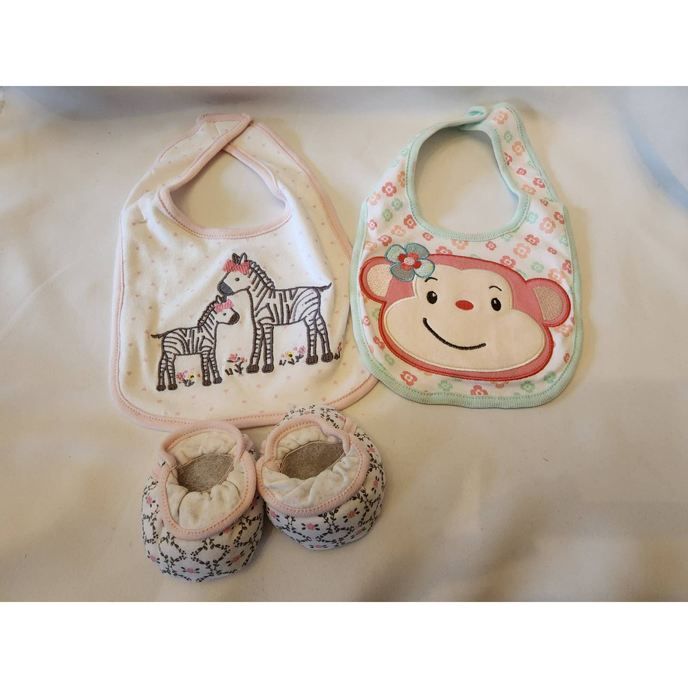 Bundle of 2 Baby Bibs (1 monkey and 1 zebra design) and 1 Pair of Booties, NWOT